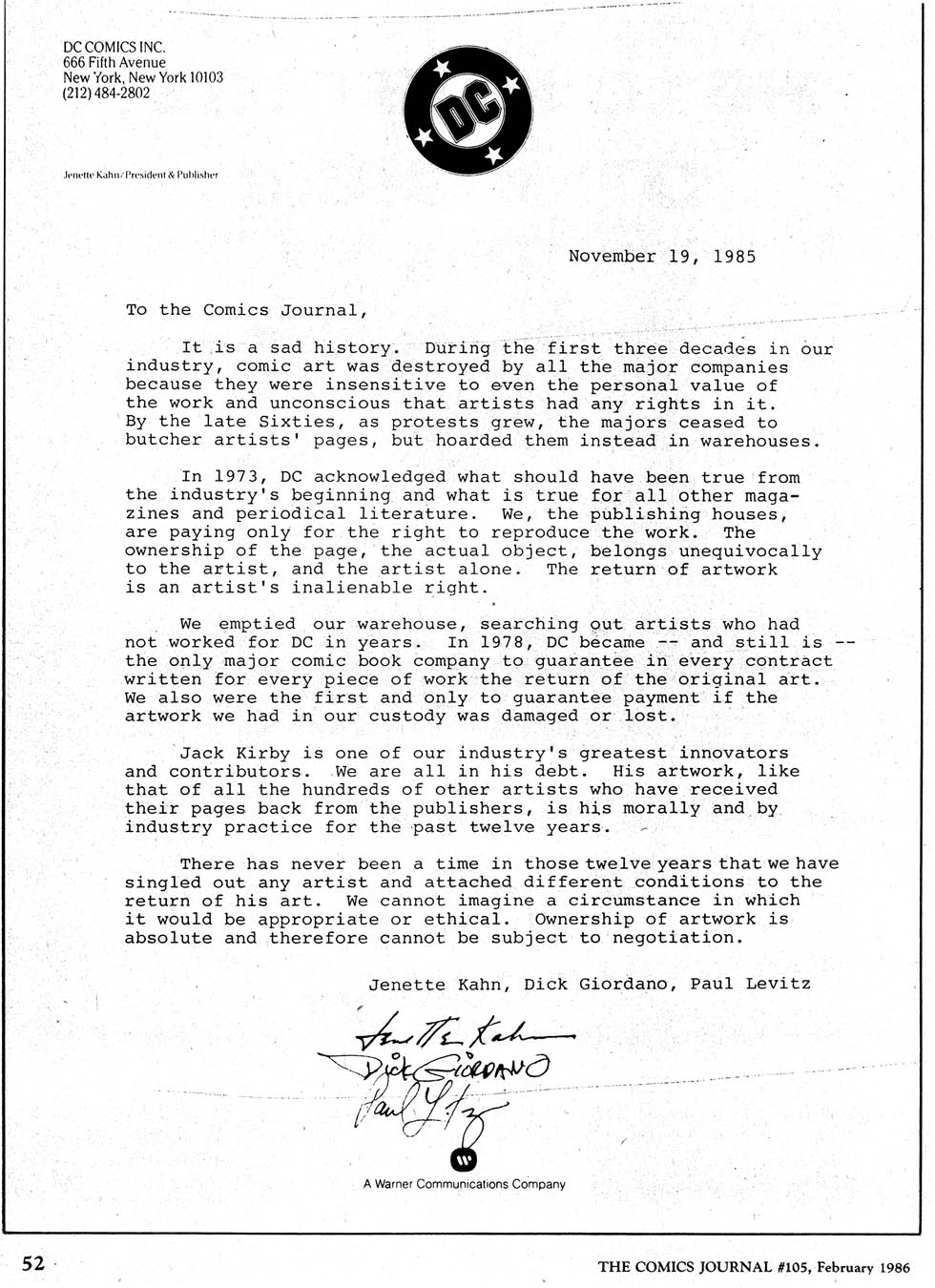 DC Letter to the Comics Journal regarding Jack Kirby's art return, printed in TCJ 105